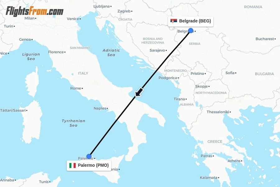 Flights from Belgrade to Palermo route map
