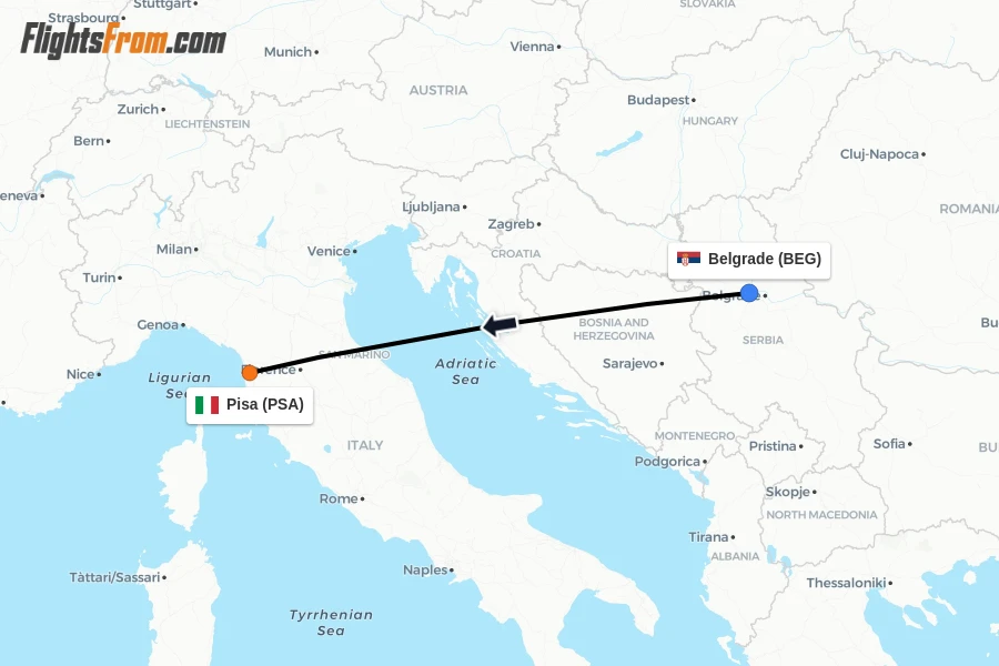 Flights from Belgrade to Pisa route map