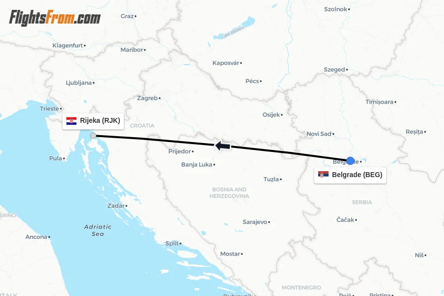 Flights from Belgrade to Rijeka route map