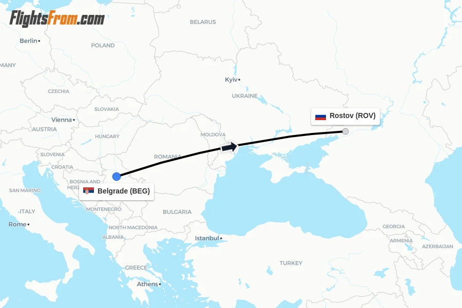 Flights from Belgrade to Rostov route map