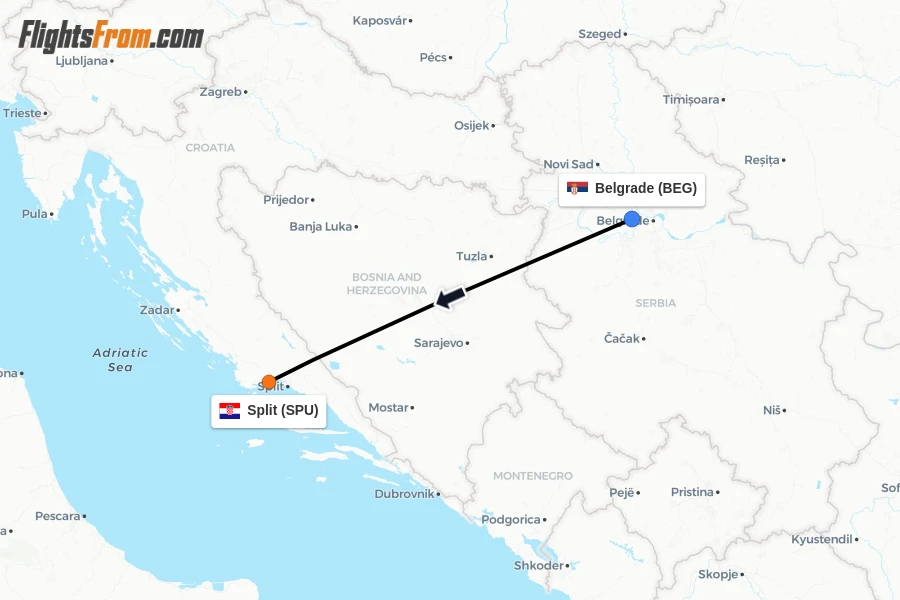 Flights from Belgrade to Split route map