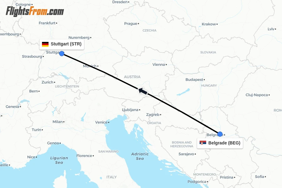 Flights from Belgrade to Stuttgart route map