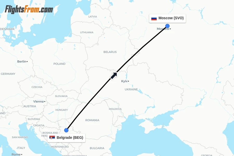 Flights from Belgrade to Moscow route map