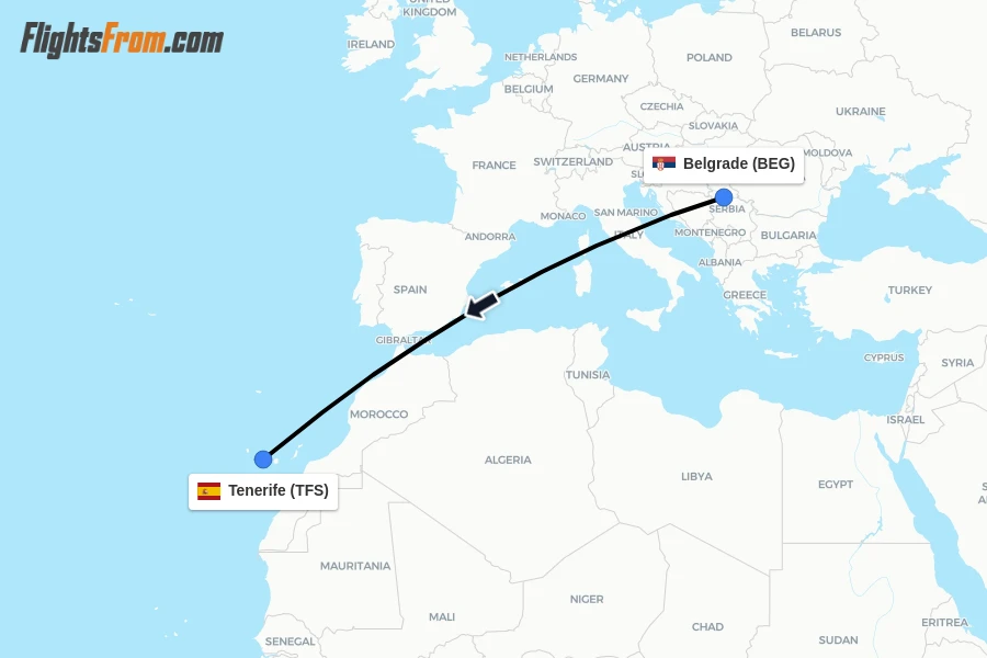 Flights from Belgrade to Tenerife route map