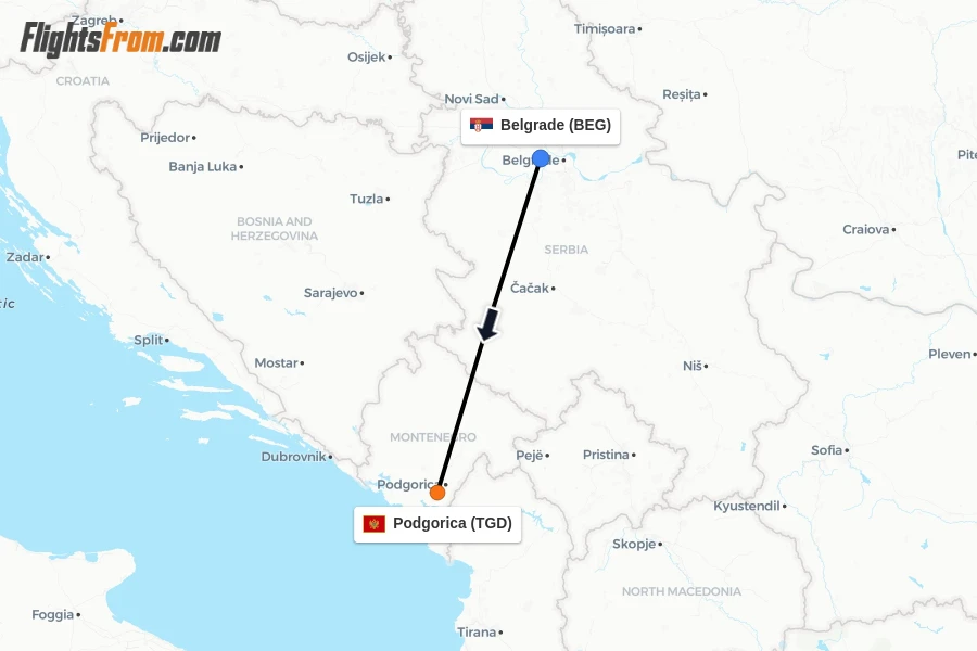 Flights from Belgrade to Podgorica route map