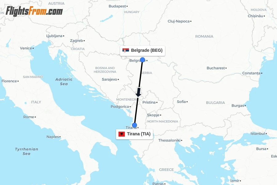 Flights from Belgrade to Tirana route map