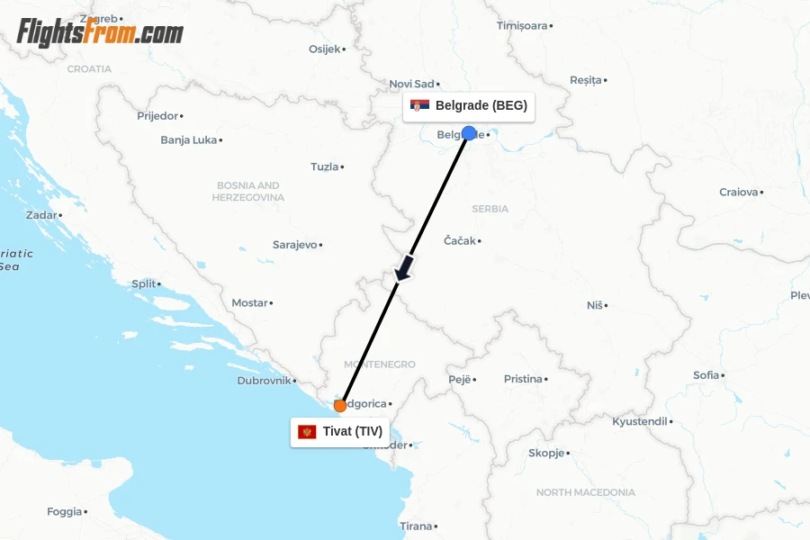 Flights from Belgrade to Tivat route map
