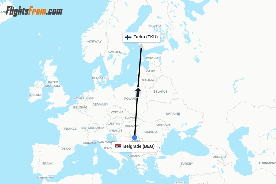Flights from Belgrade to Turku route map