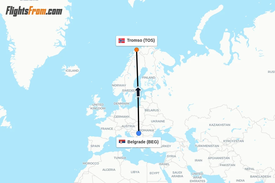 Flights from Belgrade to Tromso route map