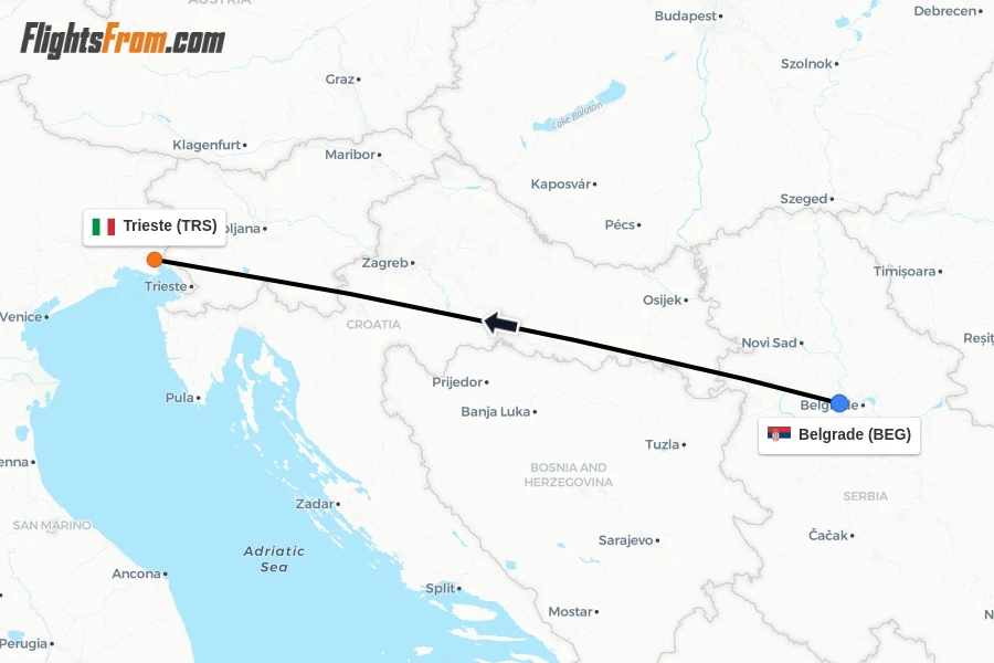 Flights from Belgrade to Trieste route map