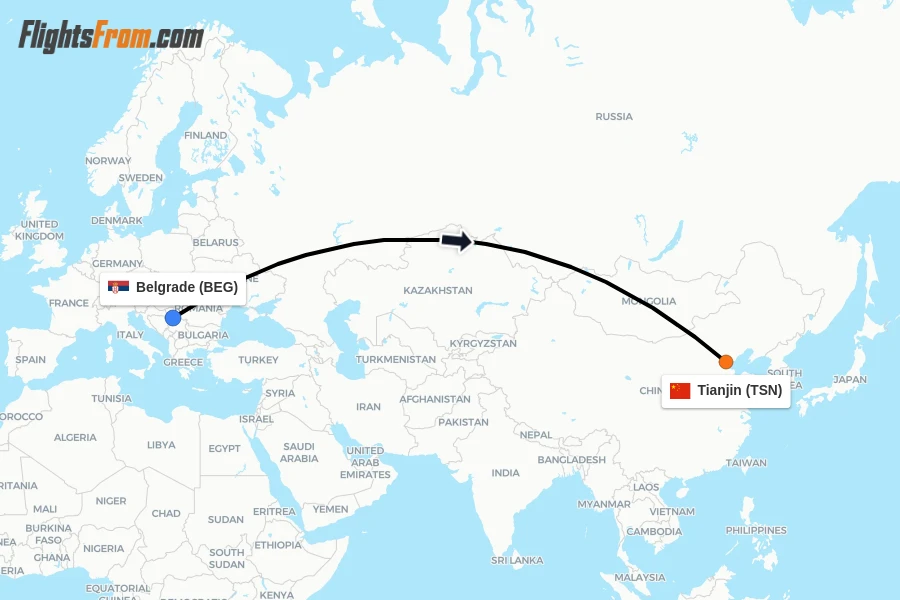 Flights from Belgrade to Tianjin route map