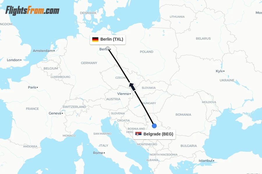 Flights from Belgrade to Berlin route map