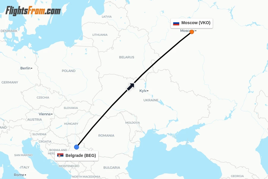 Flights from Belgrade to Moscow route map