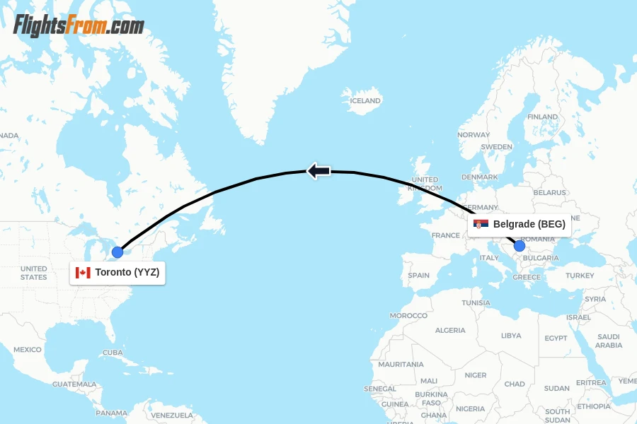 Flights from Belgrade to Toronto route map