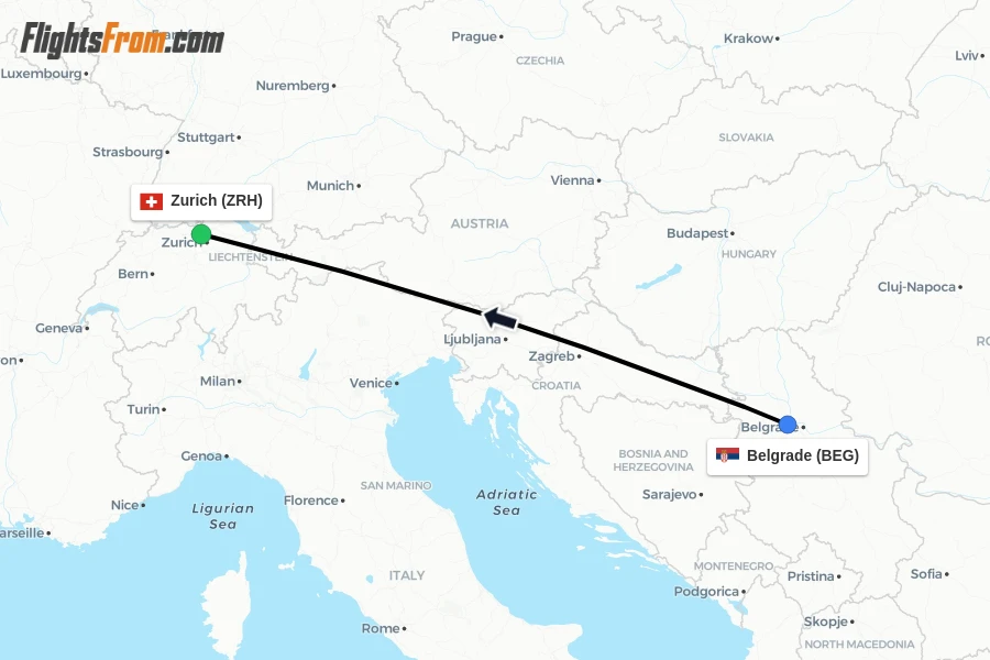 Flights from Belgrade to Zurich route map