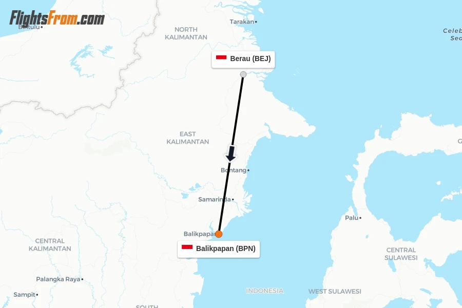 Flights from Berau to Balikpapan route map
