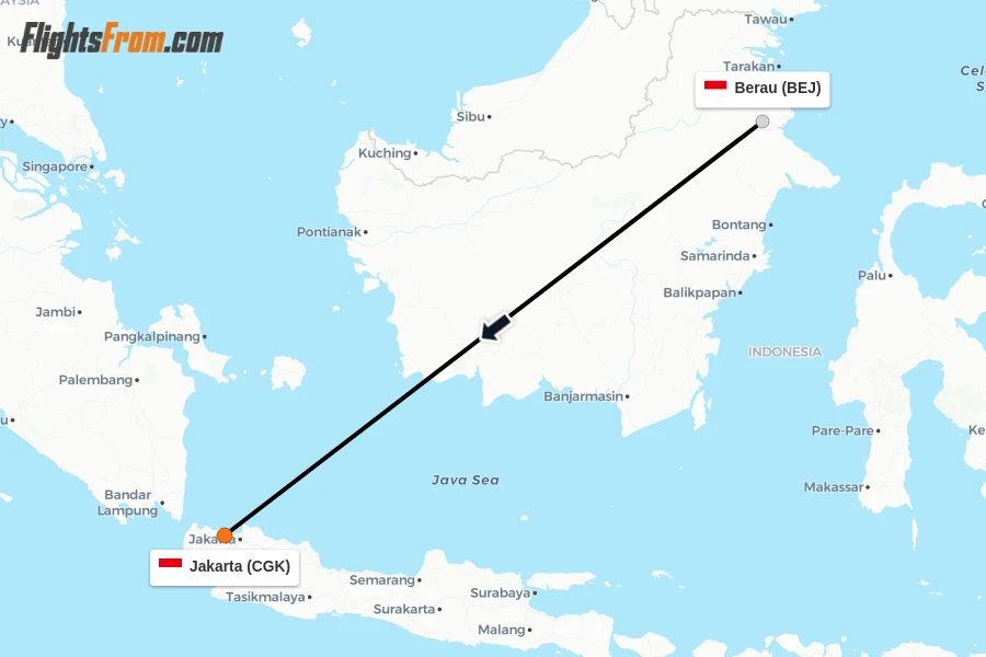 Flights from Berau to Jakarta route map