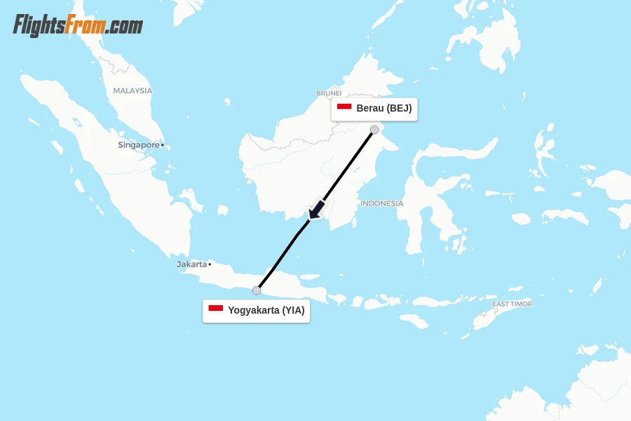 Flights from Berau to Yogyakarta route map