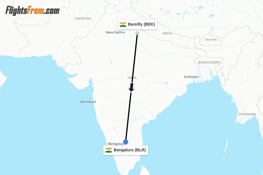 Flights from Bareilly to Bengaluru route map
