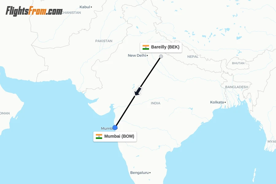 Flights from Bareilly to Mumbai route map