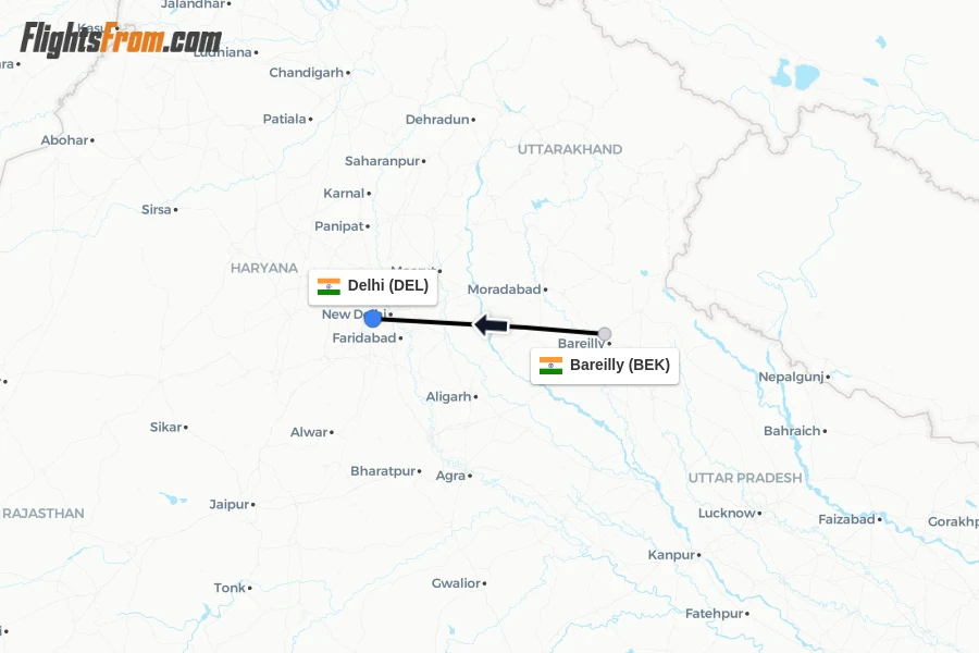 Flights from Bareilly to Delhi route map