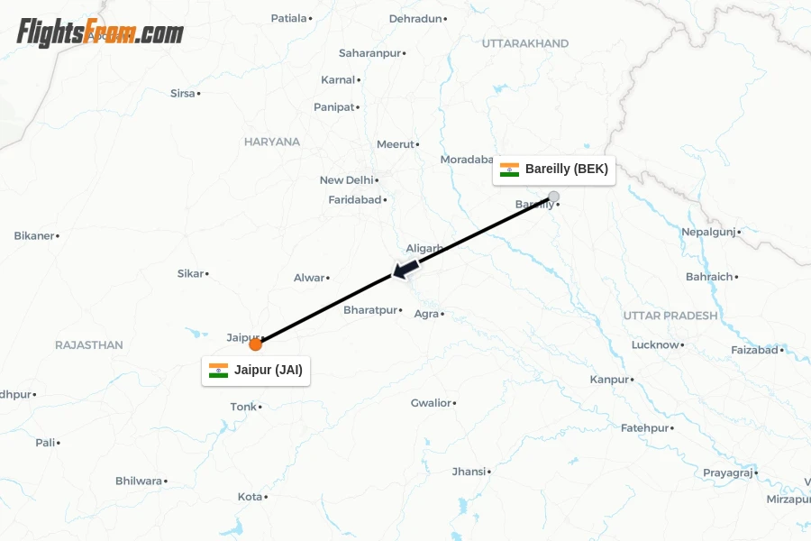 Flights from Bareilly to Jaipur route map