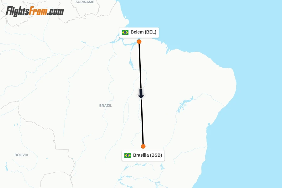 Flights from Belem to Brasilia route map