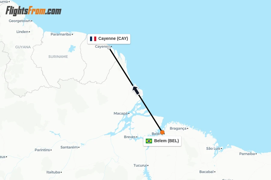 Flights from Belem to Cayenne route map