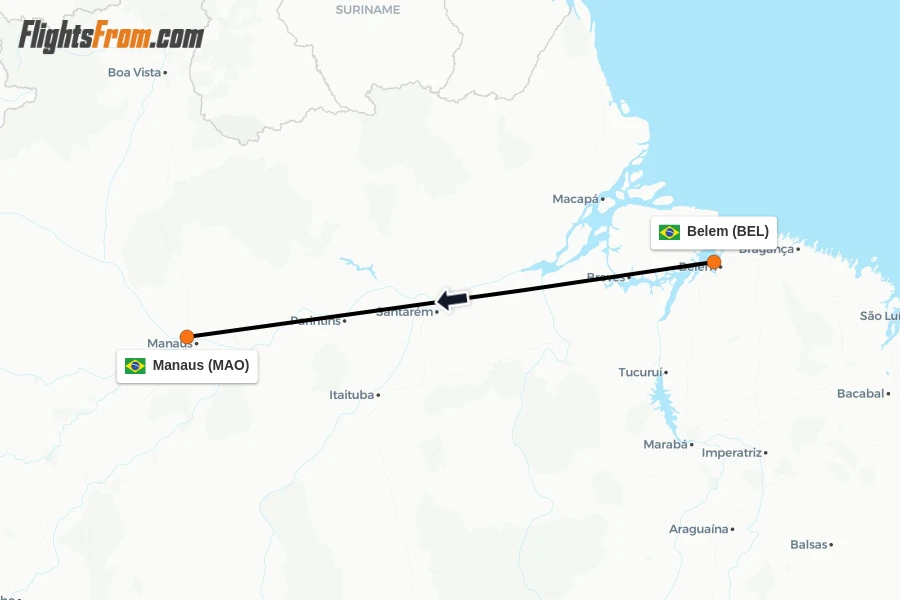 Flights from Belem to Manaus route map