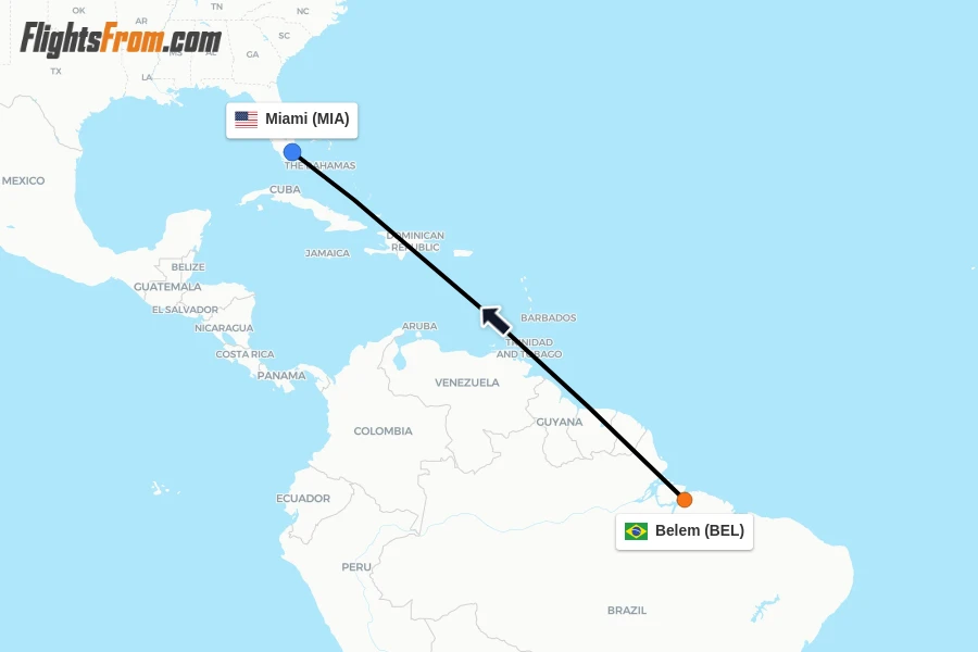 Flights from Belem to Miami route map