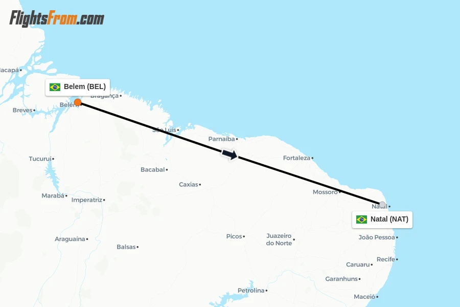 Flights from Belem to Natal route map