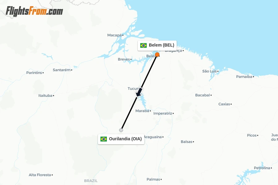 Flights from Belem to Ourilandia route map