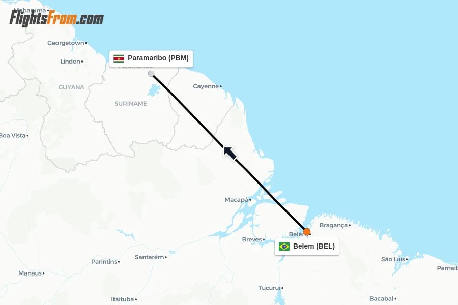 Flights from Belem to Paramaribo route map