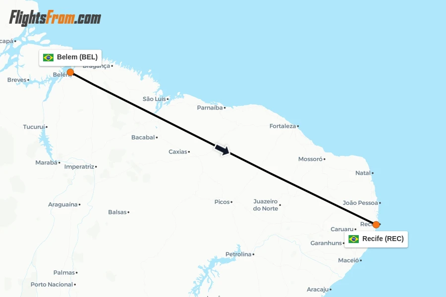 Flights from Belem to Recife route map