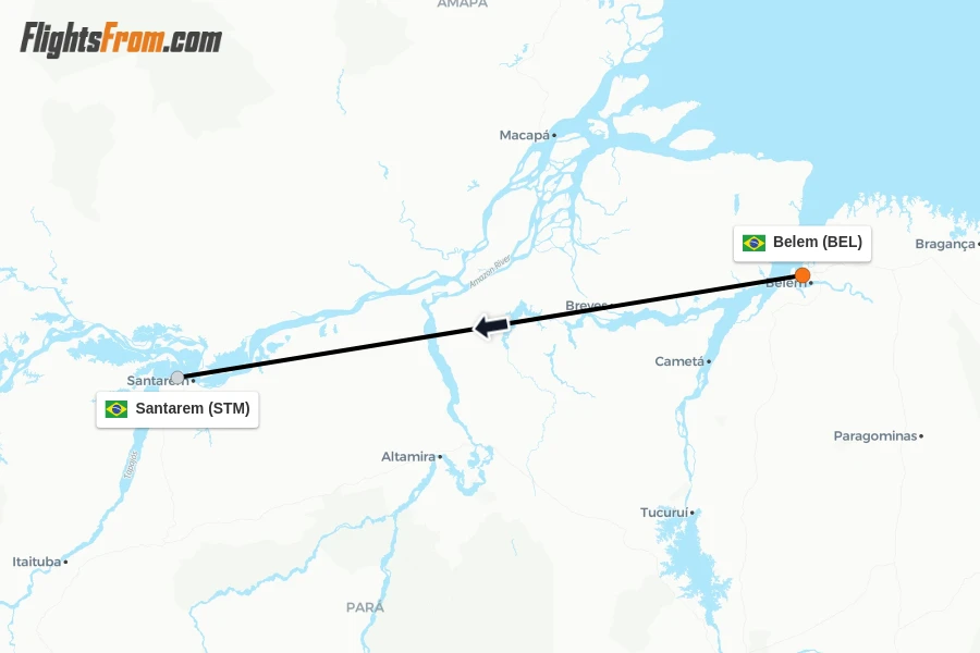 Flights from Belem to Santarem route map