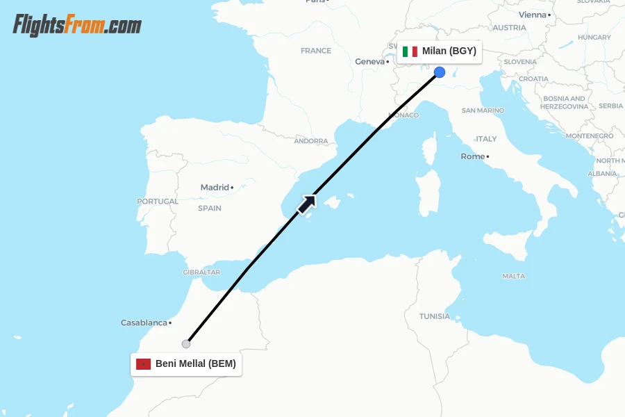 Flights from Beni Mellal to Milan route map