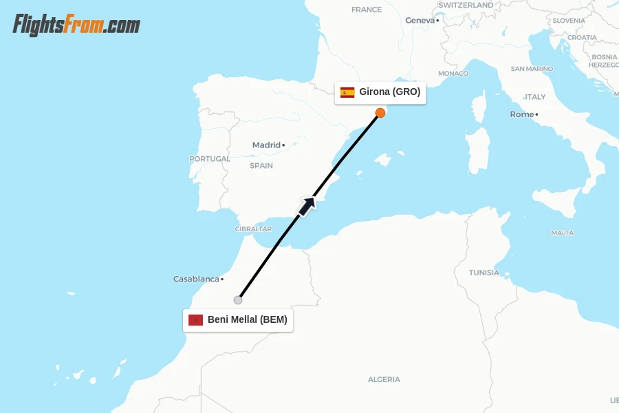 Flights from Beni Mellal to Girona route map