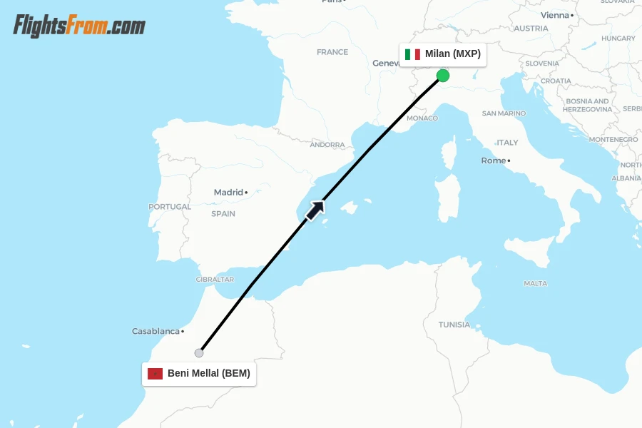 Flights from Beni Mellal to Milan route map