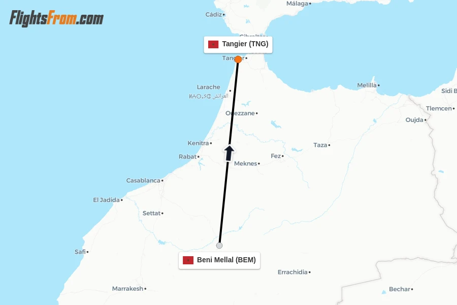 Flights from Beni Mellal to Tangier route map