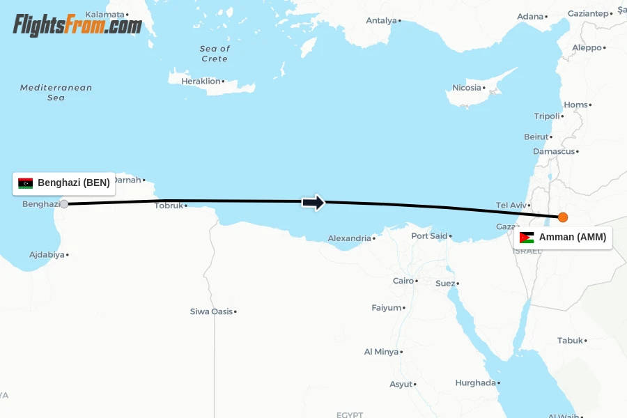 Flights from Benghazi to Amman route map