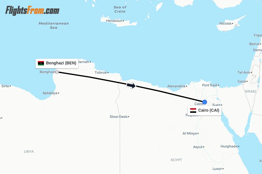 Flights from Benghazi to Cairo route map