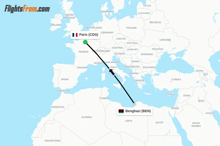 Flights from Benghazi to Paris route map