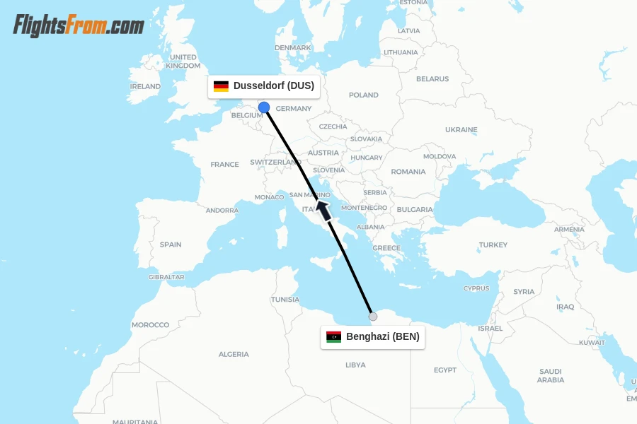Flights from Benghazi to Dusseldorf route map