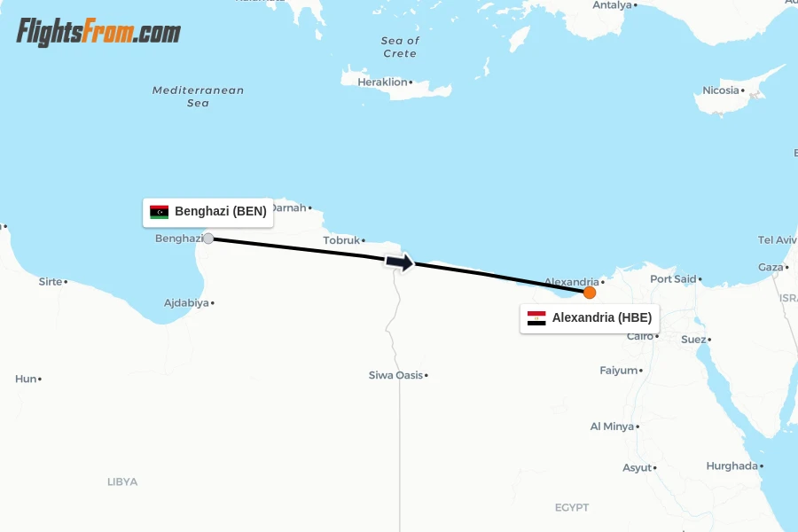 Flights from Benghazi to Alexandria route map