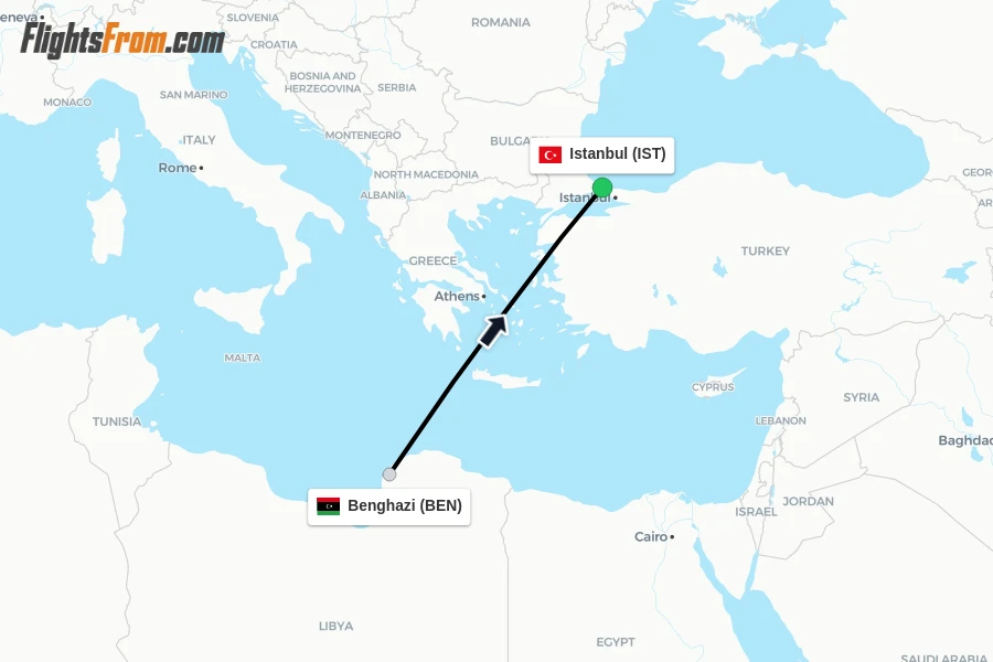 Flights from Benghazi to Istanbul route map