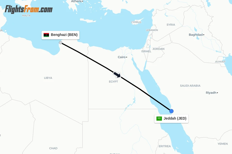 Flights from Benghazi to Jeddah route map