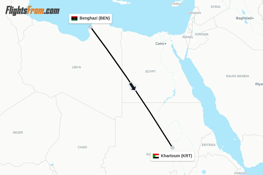 Flights from Benghazi to Khartoum route map