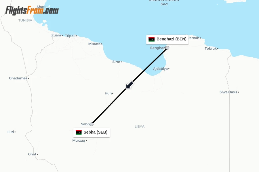 Flights from Benghazi to Sebha route map