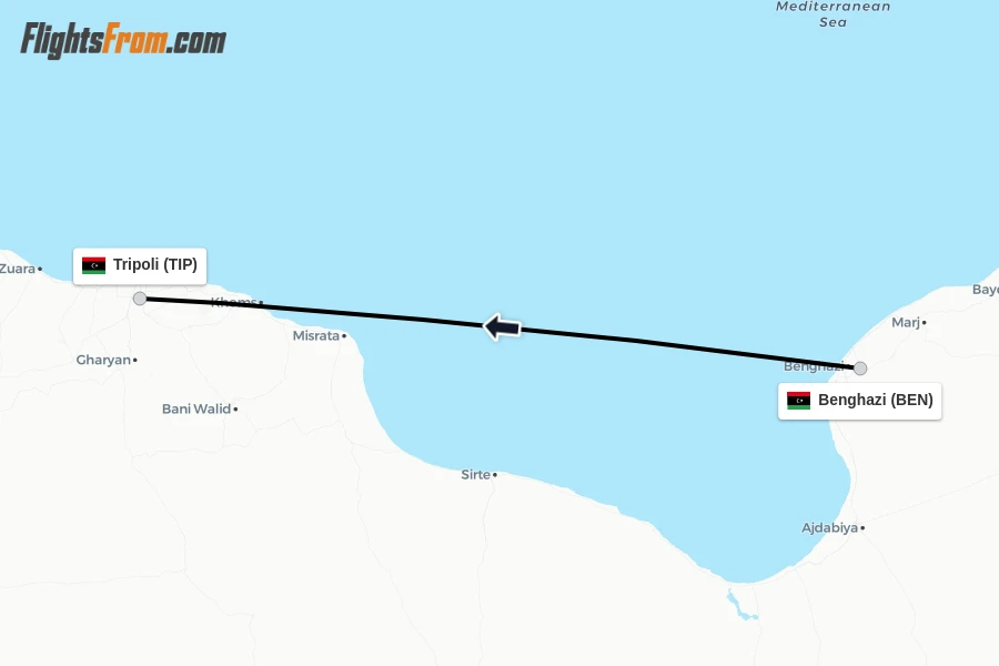 Flights from Benghazi to Tripoli route map