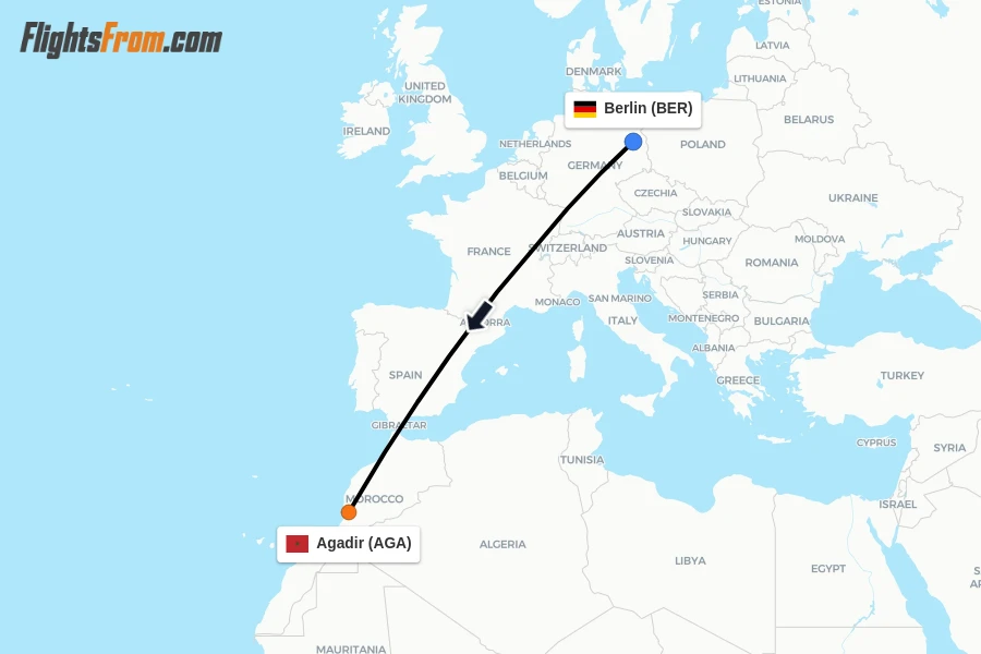 Flights from Berlin to Agadir route map